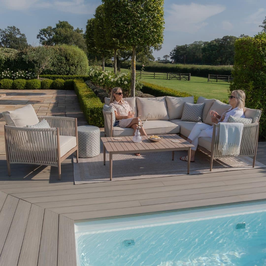 natural linen rope weave corner sofa set with single chair and wood effect aluminium frame