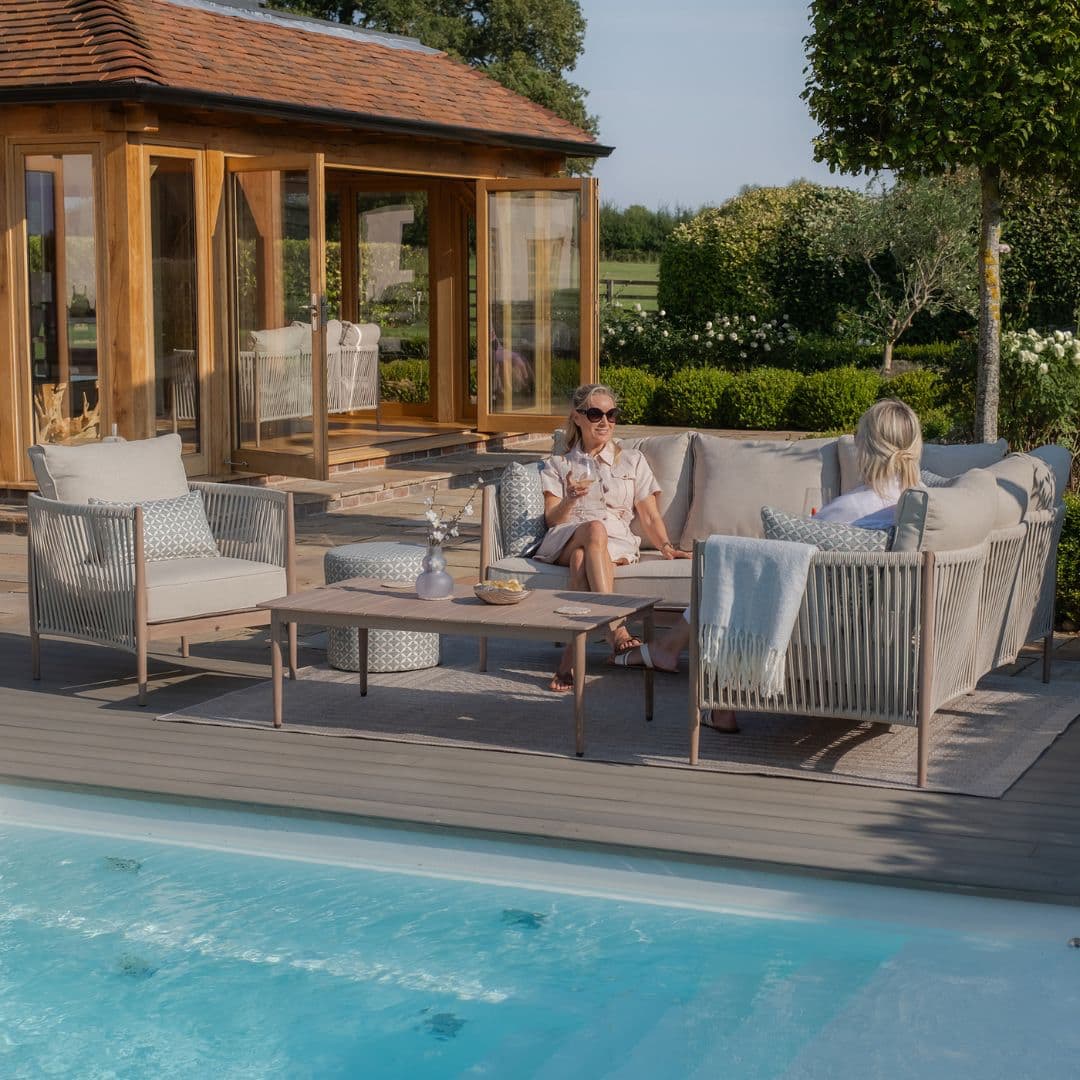 natural linen rope weave corner sofa set with single chair and wood effect aluminium frame