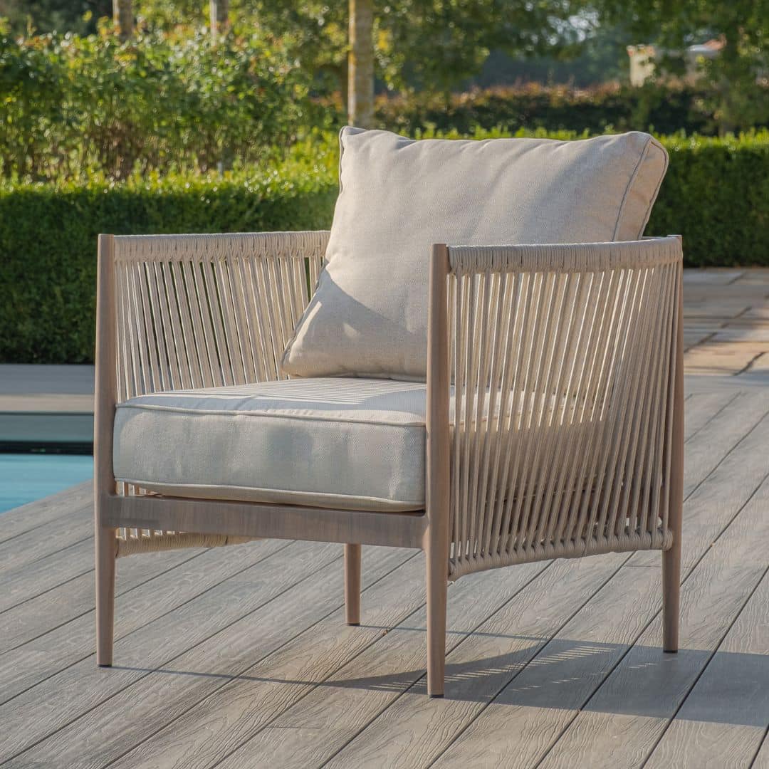 natural linen rope weave corner sofa set with single chair and wood effect aluminium frame