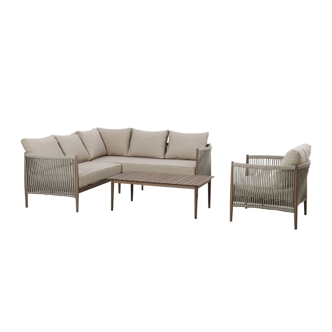 natural linen rope weave corner sofa set with single chair and wood effect aluminium frame