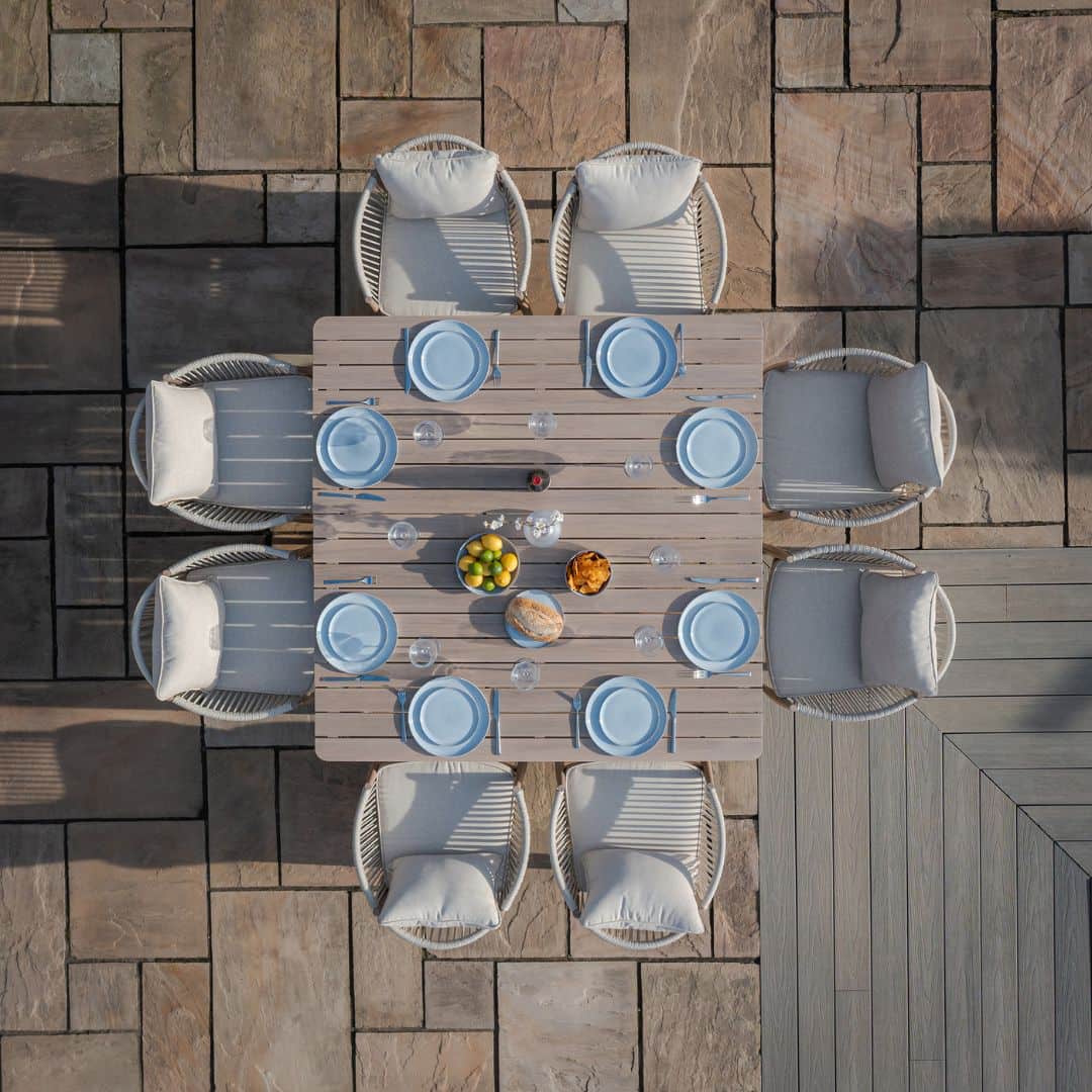 natural linen rope weave 8 seat dining set with wood effect aluminium frame