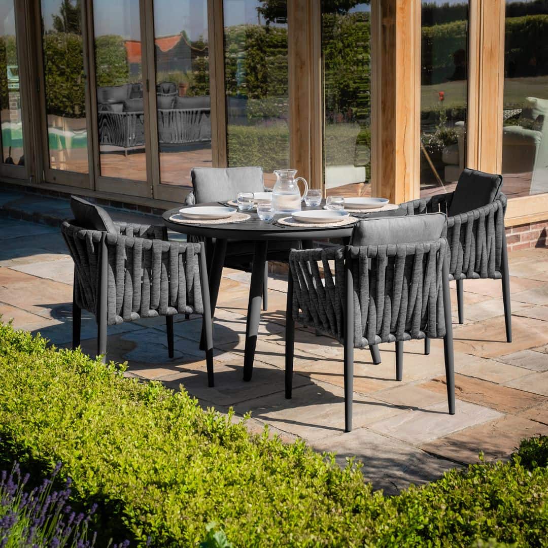 Mid Grey Rope Weave Fabric and Charcoal Frame 4 Seat Round Dining Set with Lazy Susan #colour_mid grey and charcoal