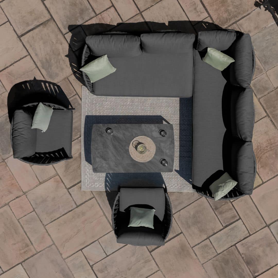 Mid Grey Rope Weave Fabric and Charcoal Frame Small Corner Sofa with 2 Armchairs and a Rectangular Coffee Table #colour_mid grey and charcoal