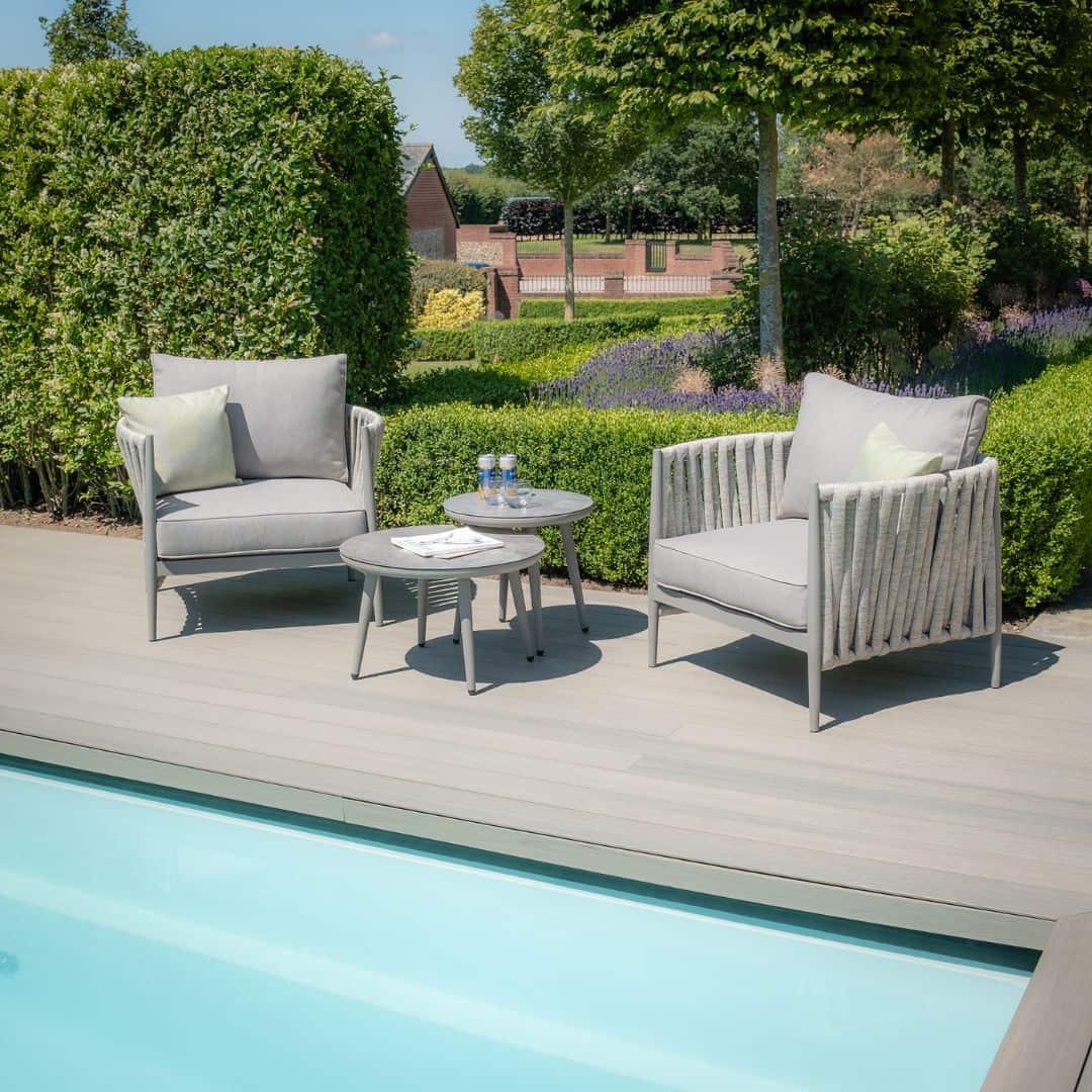 Light Grey Rope Weave Fabric and Grey Frame Lounge Set with 2 Round Coffee Tables #colour_cool linen and dawn grey