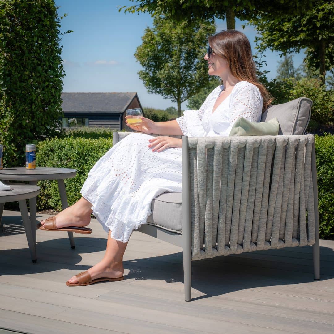 Light Grey Rope Weave Fabric and Grey Frame Lounge Set with 2 Round Coffee Tables #colour_cool linen and dawn grey