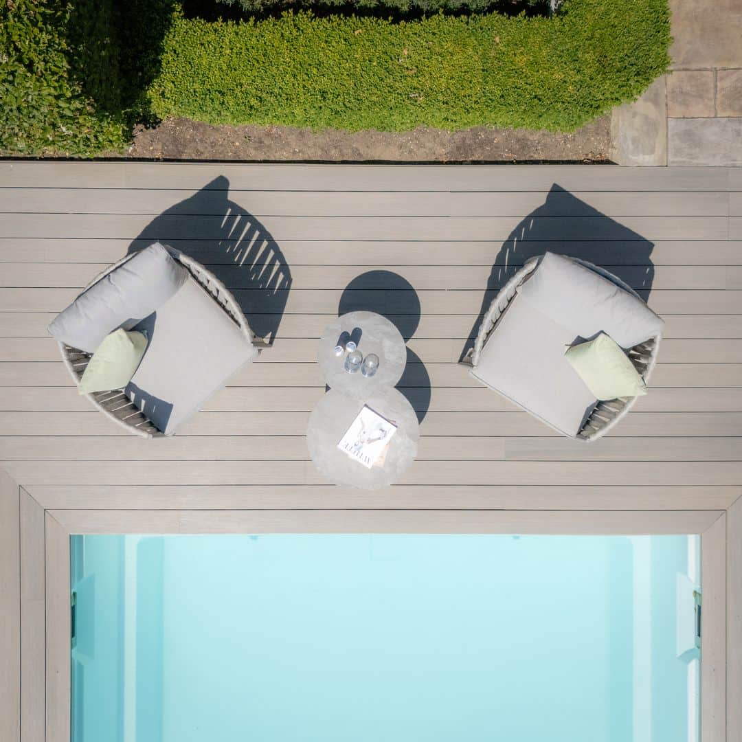 Light Grey Rope Weave Fabric and Grey Frame Lounge Set with 2 Round Coffee Tables #colour_cool linen and dawn grey