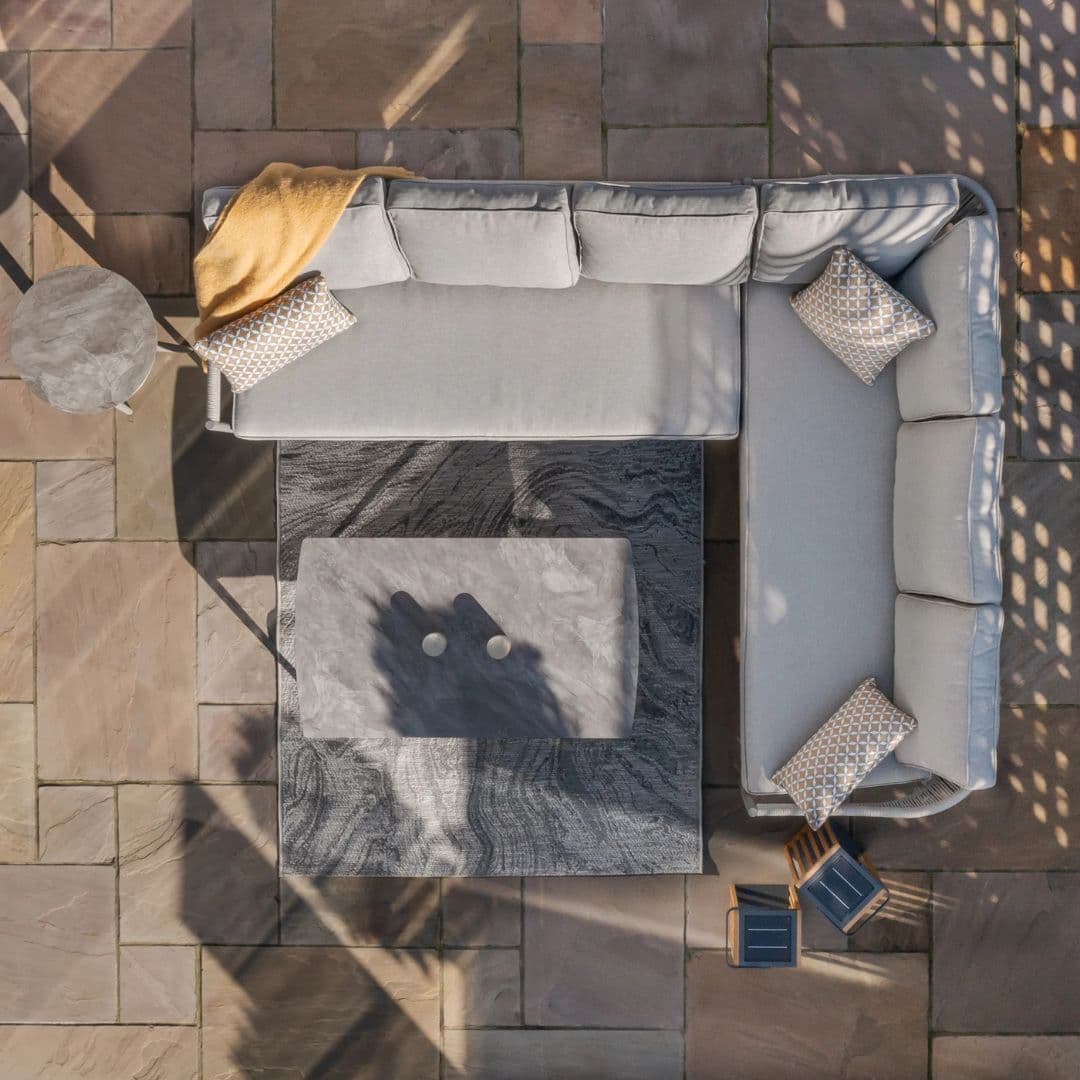 Cool Linen Coloured Rope Weave and Dawn Grey Aluminium Large Corner Sofa with a Rectangular Coffee Table