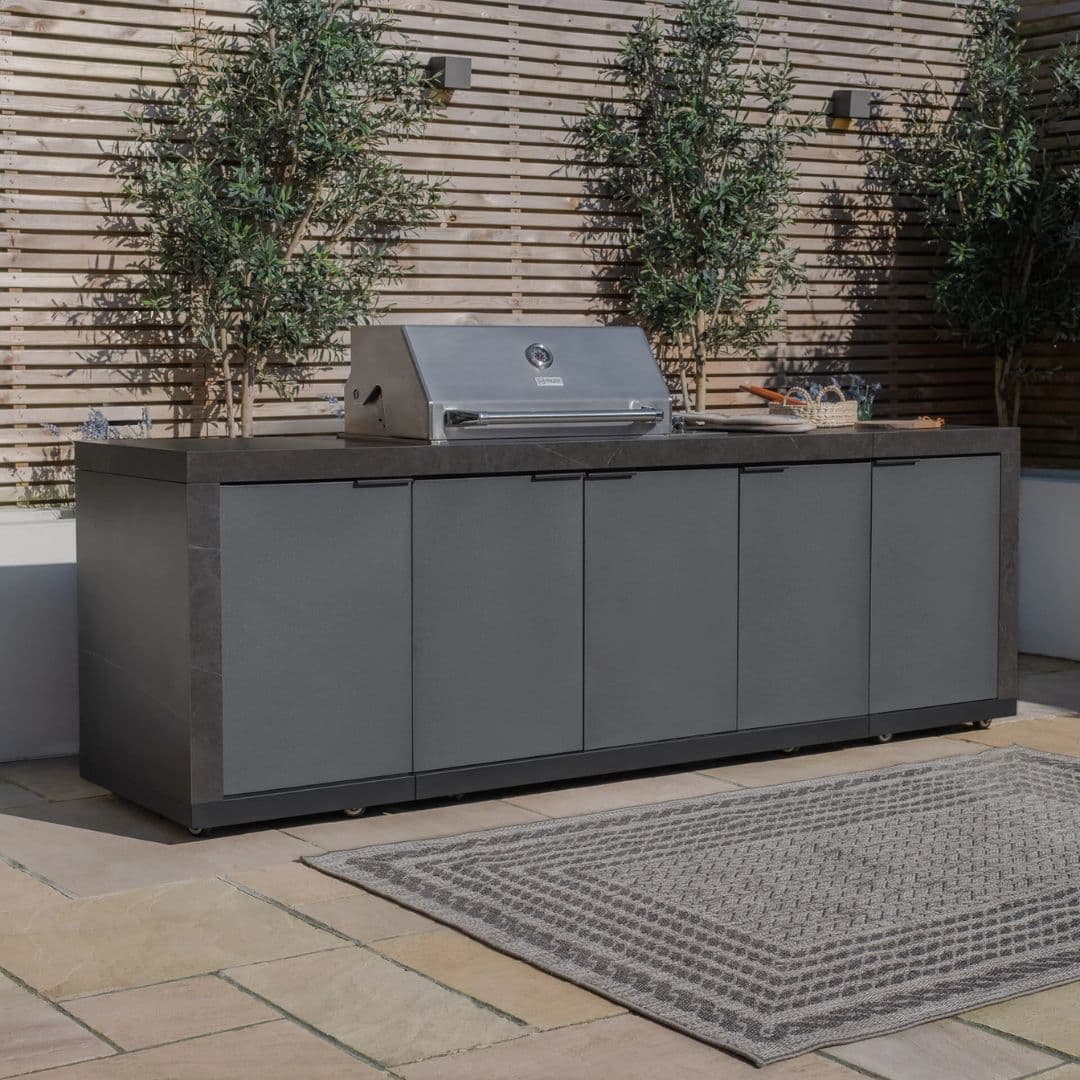 Grey Outdoor Kitchen Unit with Aluminised Steel Cabinets and a 4-Burner BBQ