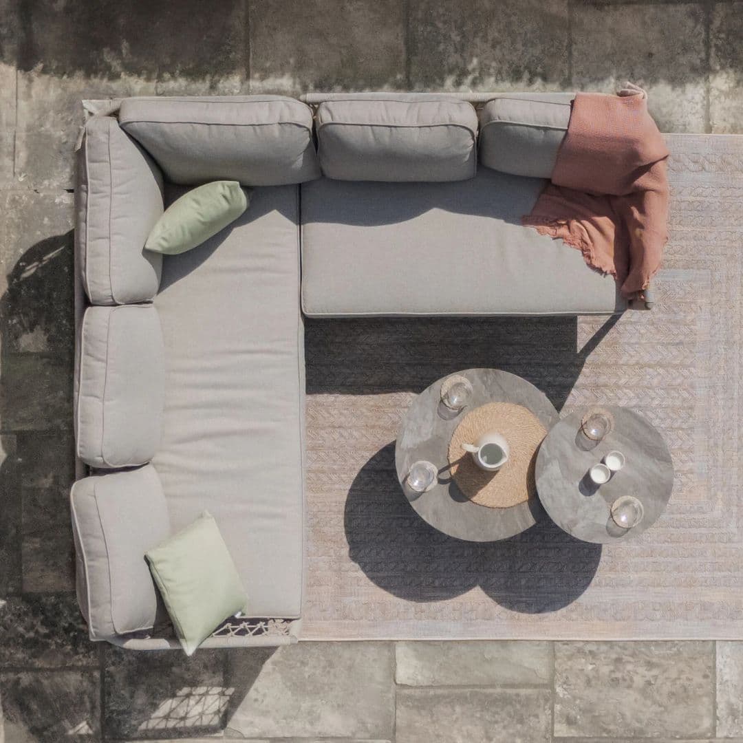 Cool linen rope weave corner sofa set with 2 matching round coffee tables #colour_cool linen with dawn grey frame