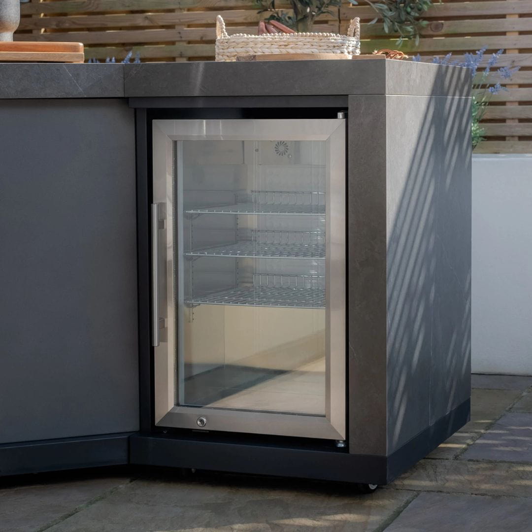 Grey Outdoor Kitchen Unit with Aluminised Steel Cabinets, 4-Burner BBQ, Sink and a Single Door Fridge