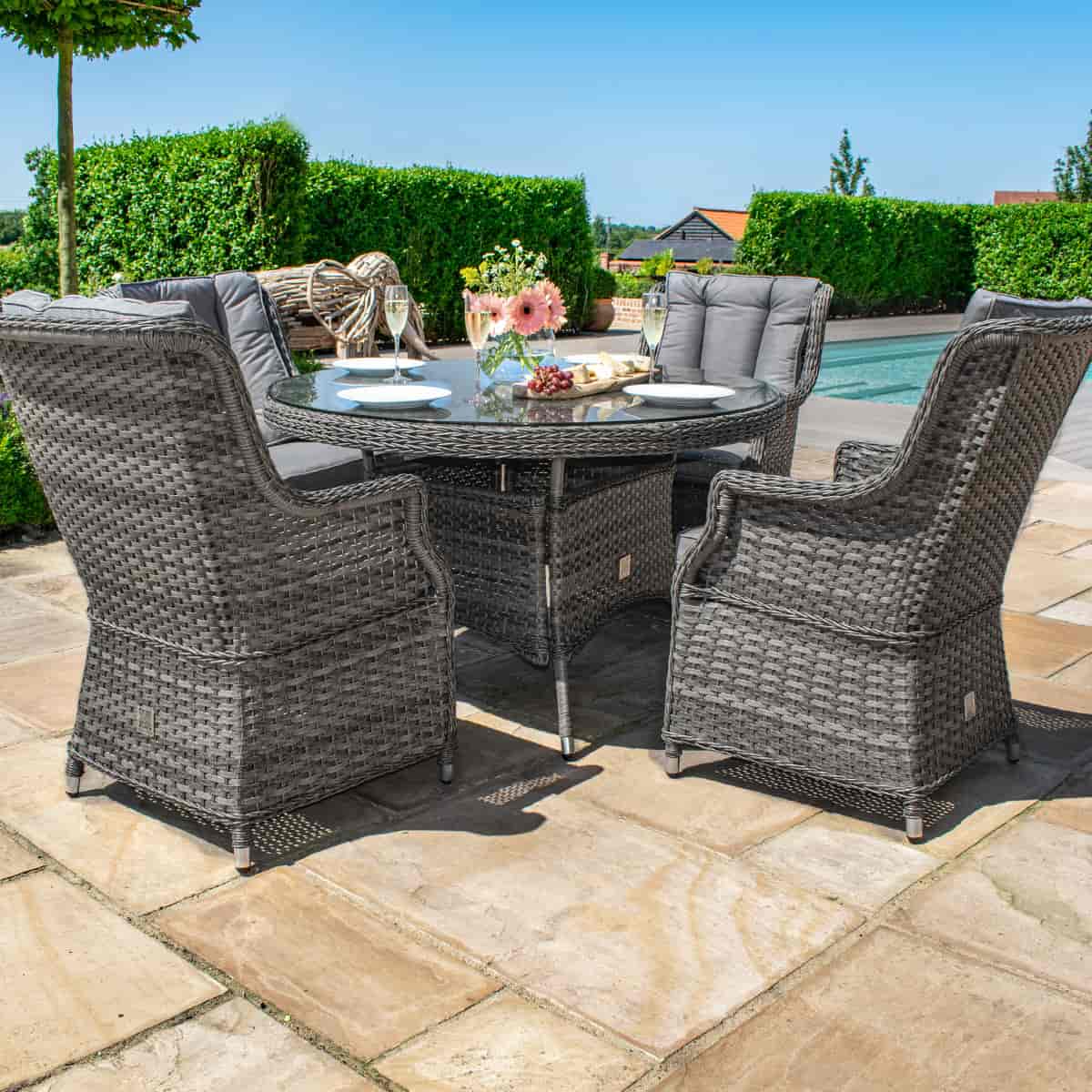 Grey rattan 4 seat round dining chair with high back chairs