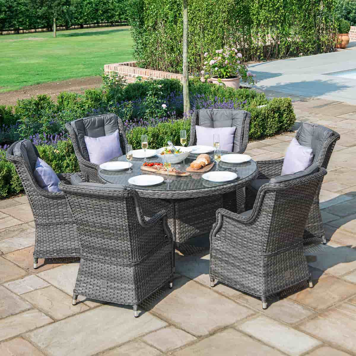 Grey rattan 6 seat round dining set with high back chairs