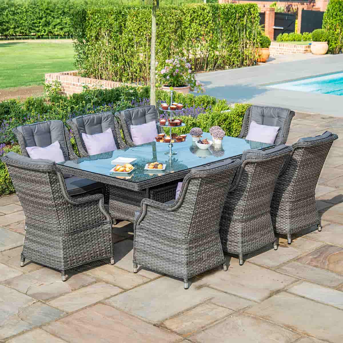 Grey rattan 8 seat rectangular dining set with high back chairs