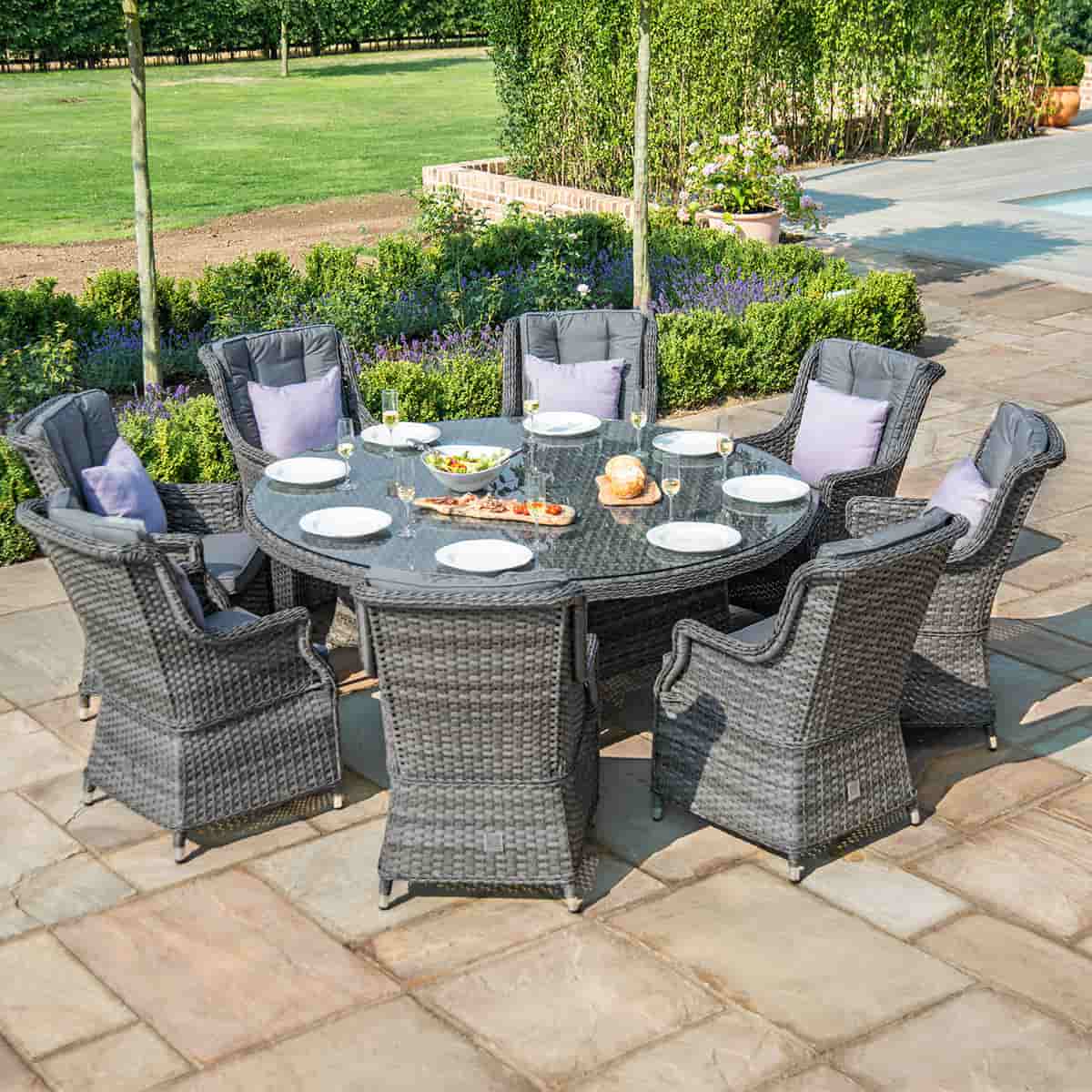 Grey rattan 8 seat round dining set with high back chairs