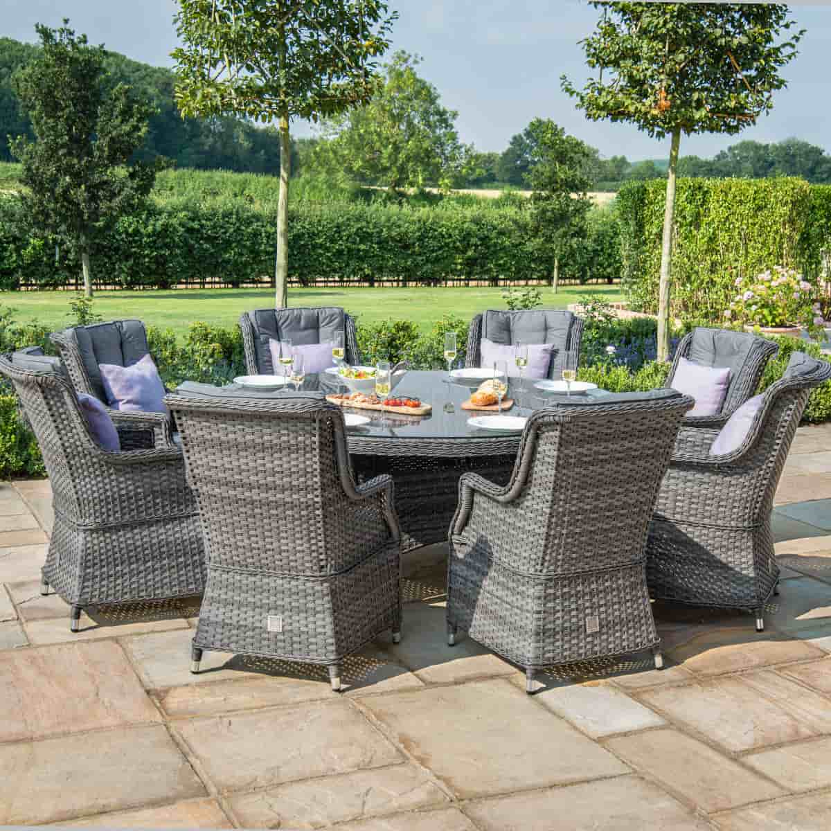 Grey rattan 8 seat round dining set with high back chairs