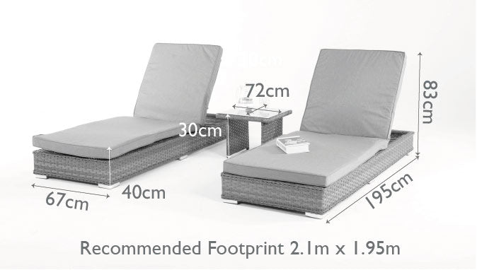 Diagram of a rattan double sunlounger set with side table