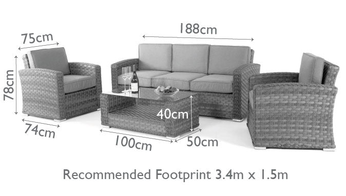 Diagram of rattan 3 seat sofa set with two chairs and a matching coffee table with glass table top