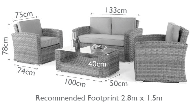 Diagram of a rattan two seat sofa set with two chairs and a matching coffee table with glass table top