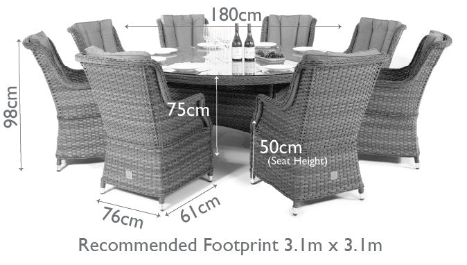 Diagram of a rattan 8 seat round dining set with high back chairs