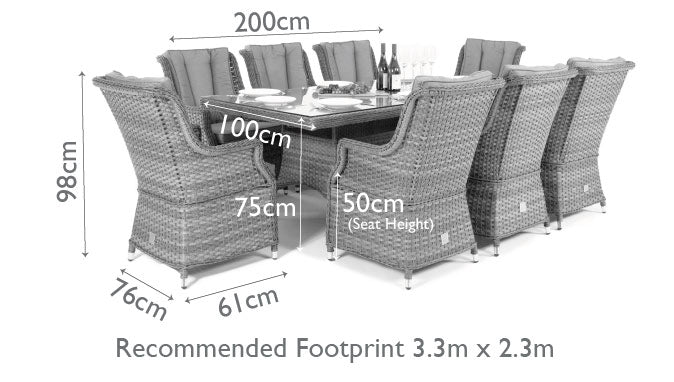 Diagram of a rattan 8 seat rectangular dining set with high back chairs