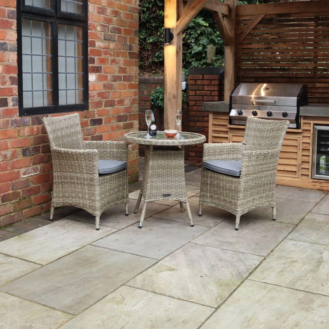 Beige Rattan 2-Seat Bistro Set with a Round Table and Grey Seat Cushions