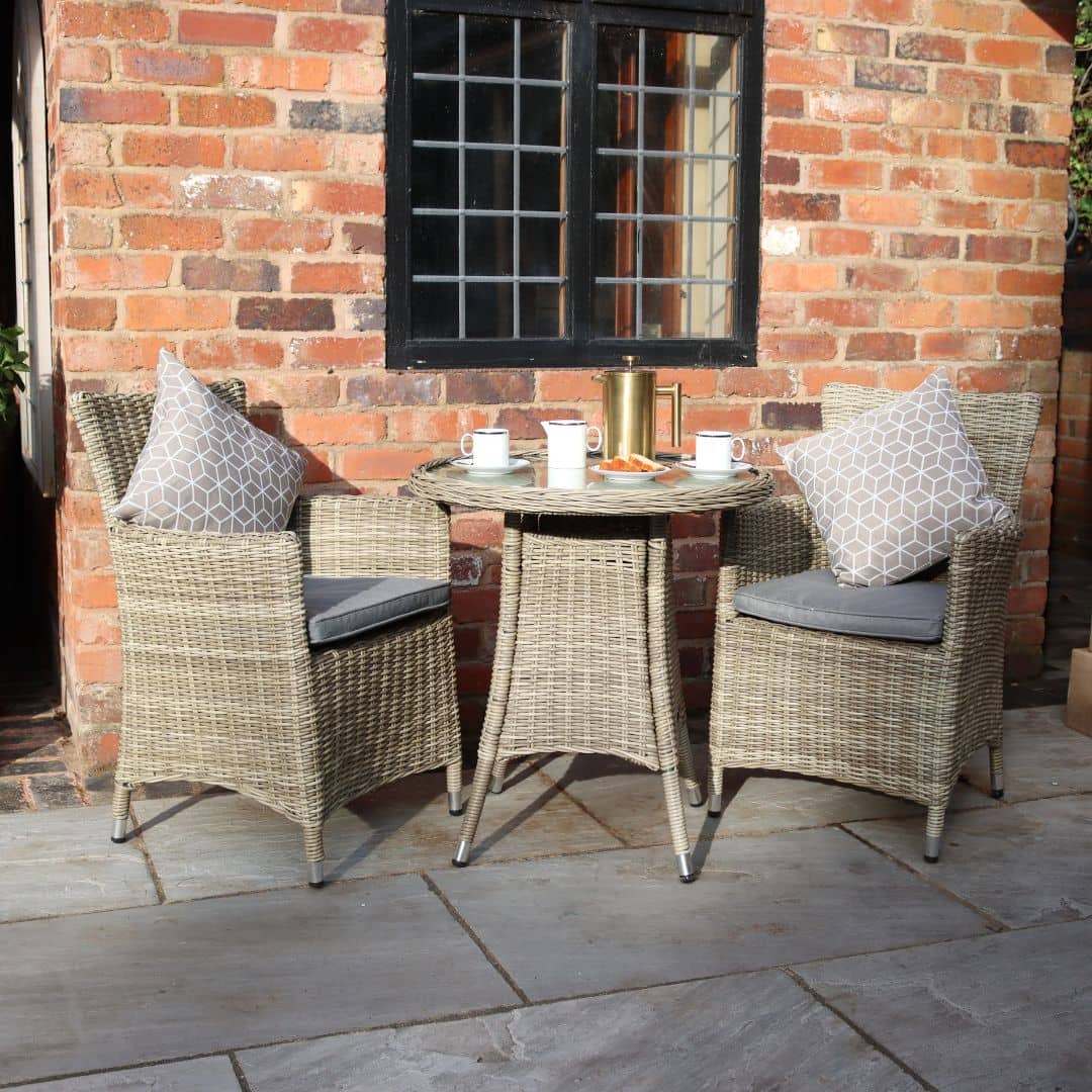 Beige Rattan 2-Seat Bistro Set with a Round Table and Grey Seat Cushions