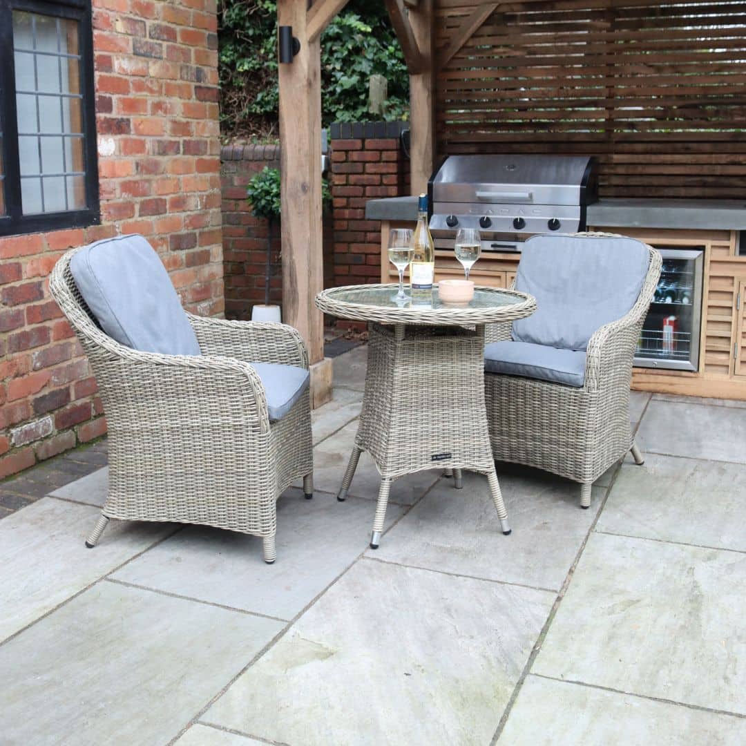 Beige Rattan 2-Seat Bistro Set with a Round Table and Grey Cushions