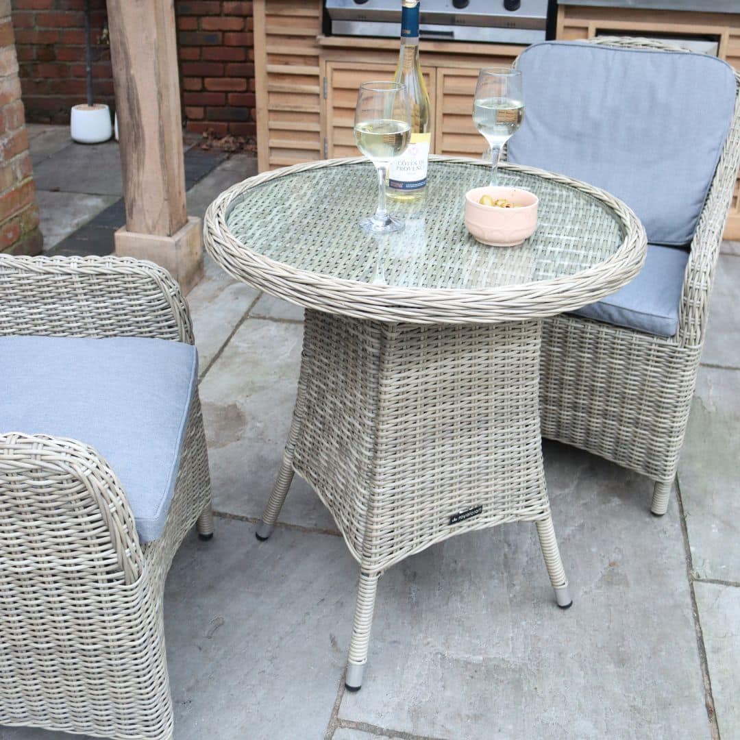 Beige Rattan 2-Seat Bistro Set with a Round Table and Grey Cushions
