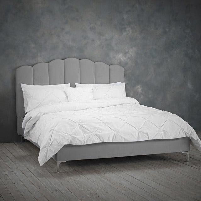 Grey velvet fabric shell headboard bed
