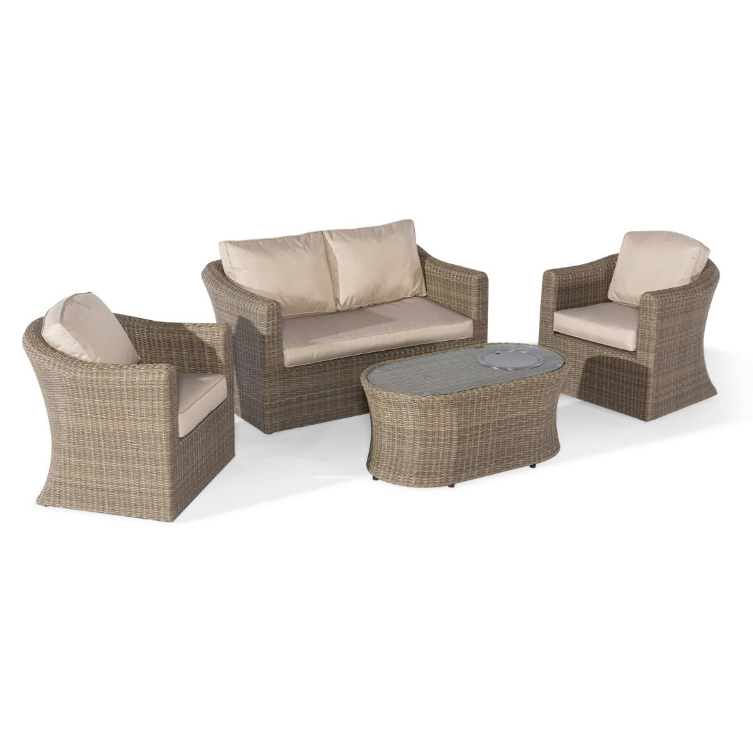 Natural coloured rattan 2 seat sofa set with two armchairs and fire pit table