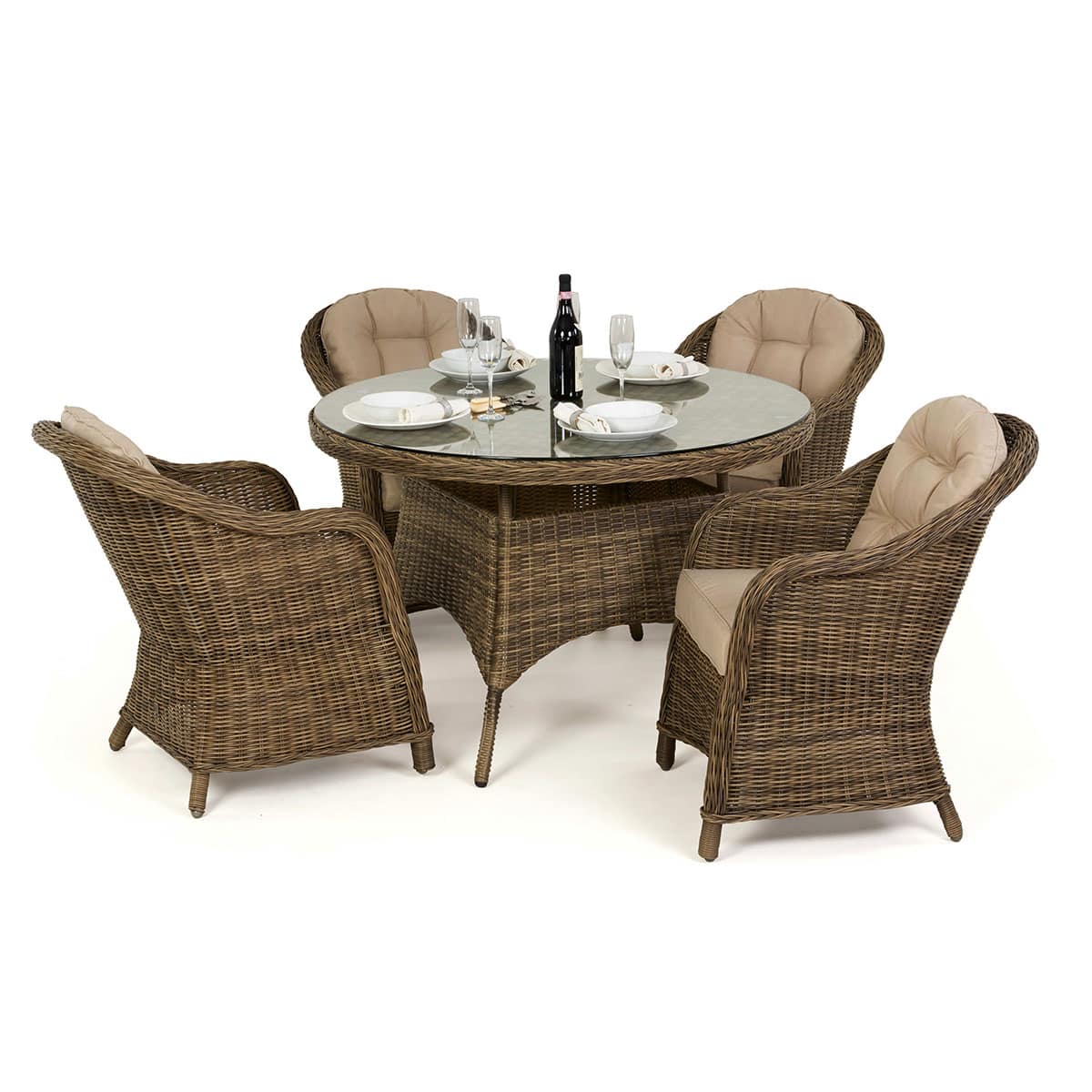 Natural coloured rattan 4 seat round dining set with heritage chairs