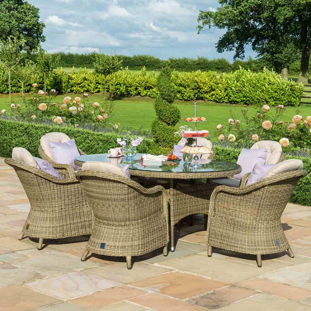 Natural coloured rattan 6 seat oval ice bucket dining set with heritage chairs and lazy susan