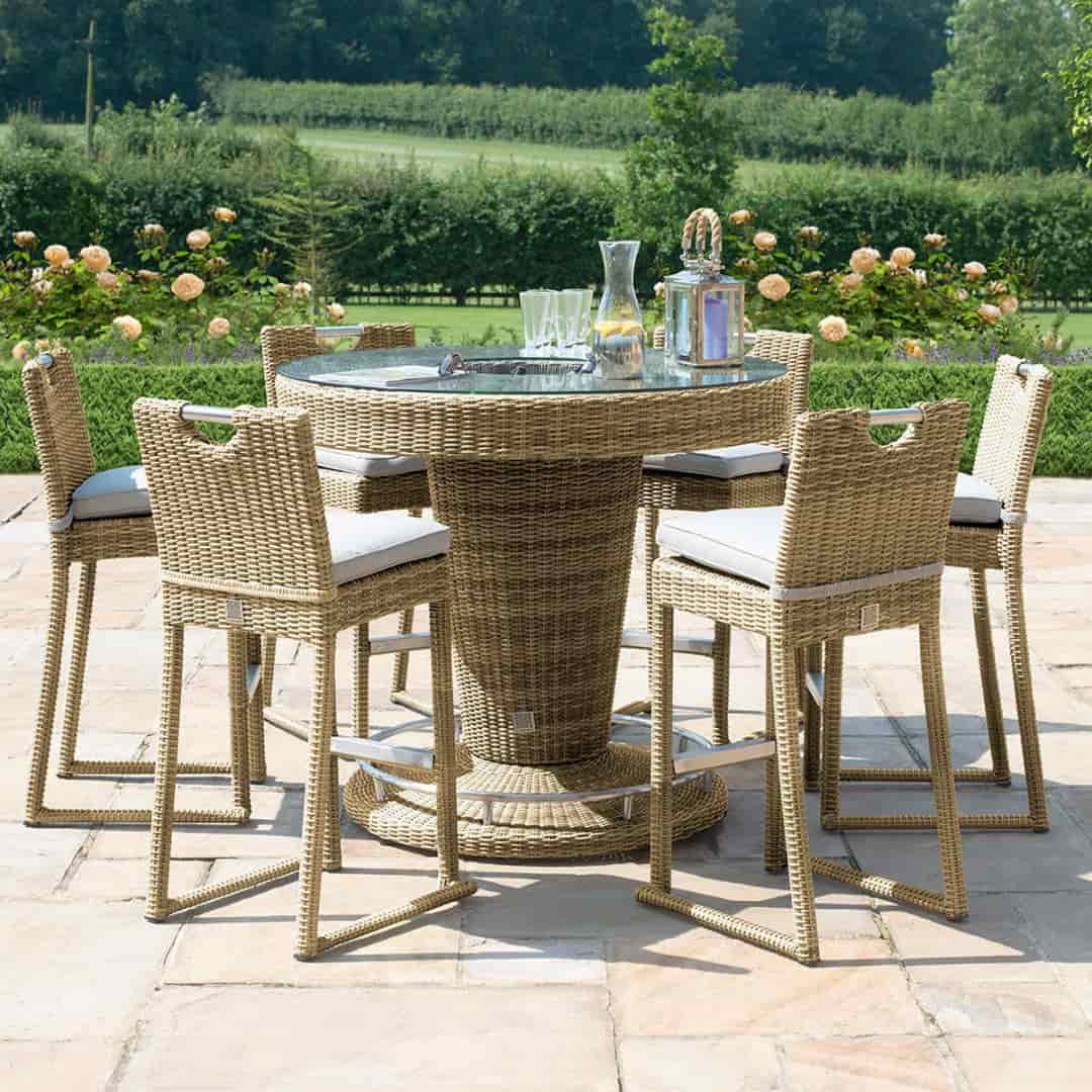 Natural coloured rattan 6 seat round bar set with ice bucket