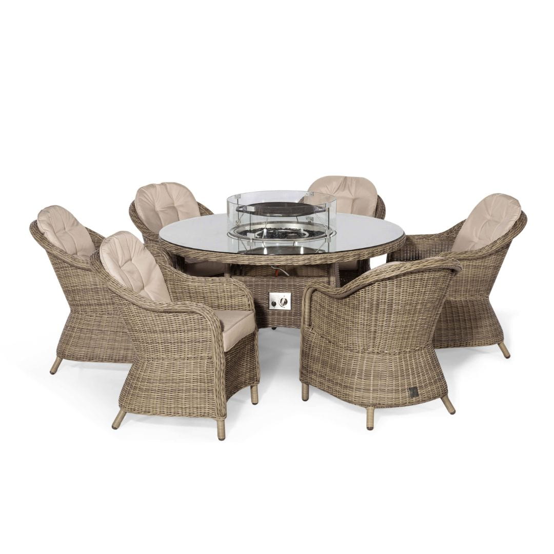 Natural coloured rattan 6 seat round fire pit dining set with heritage chairs and lazy susan