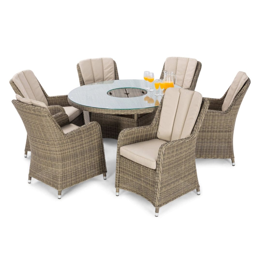 Natural coloured rattan 6 seat round dining set with Venice chairs, ice bucket and lazy susan
