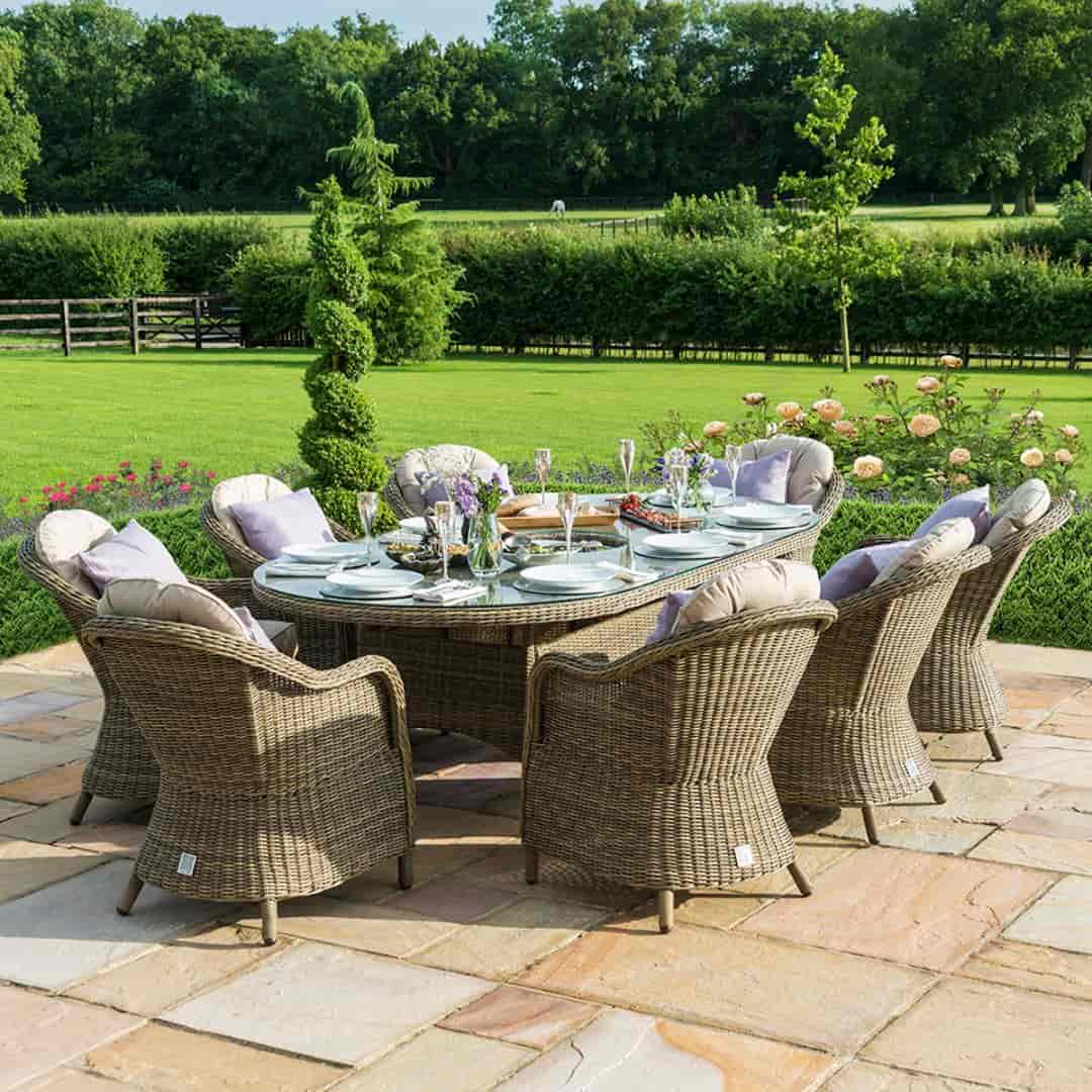 Natural coloured rattan 8 seat oval dining set with ice bucket and lazy susan