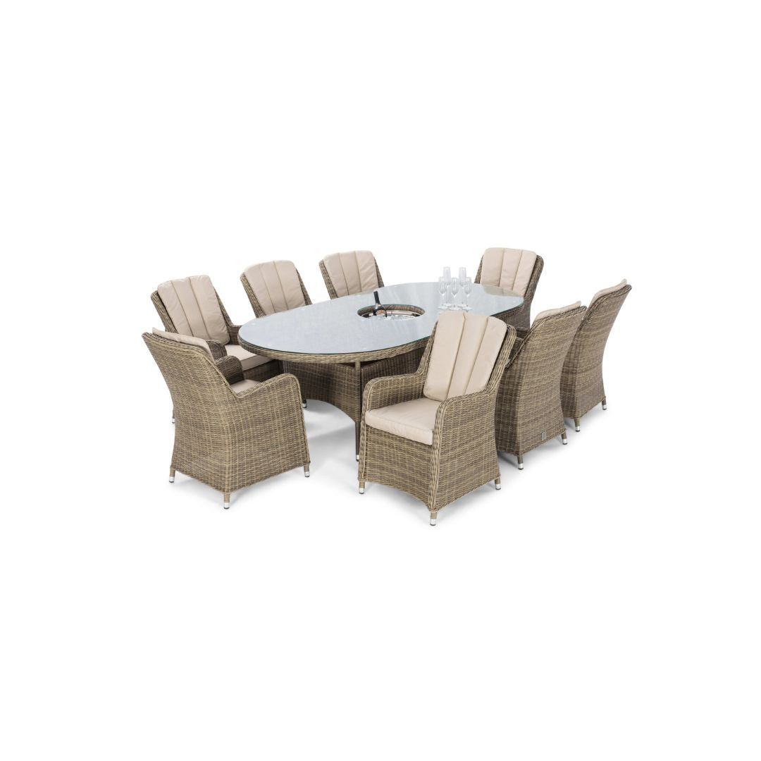 Natural coloured rattan 8 seat oval dining set with ice bucket and lazy susan