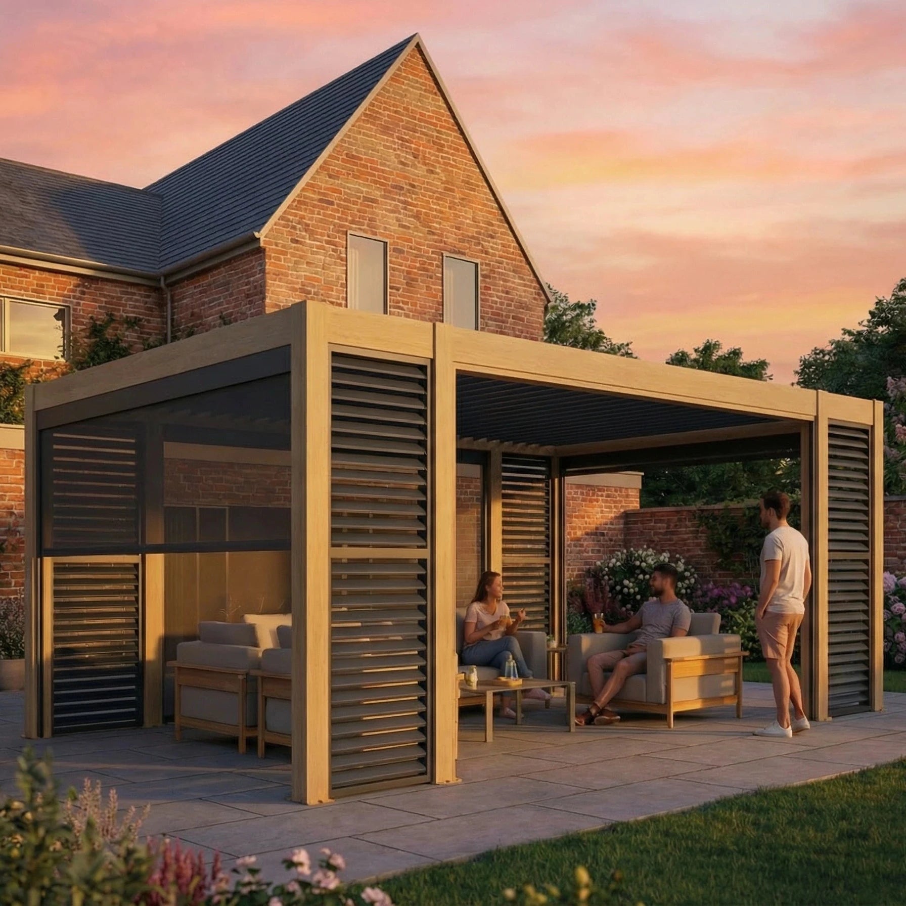 Hemera Deluxe Aluminium Pergola With 8 Legs - 5m x 3m in Light Oak