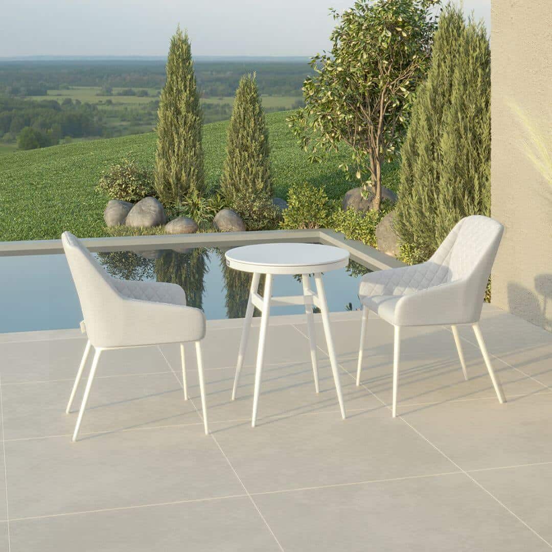 2 seat bistro set with white round table and light grey fabric chairs #colour_lead chine