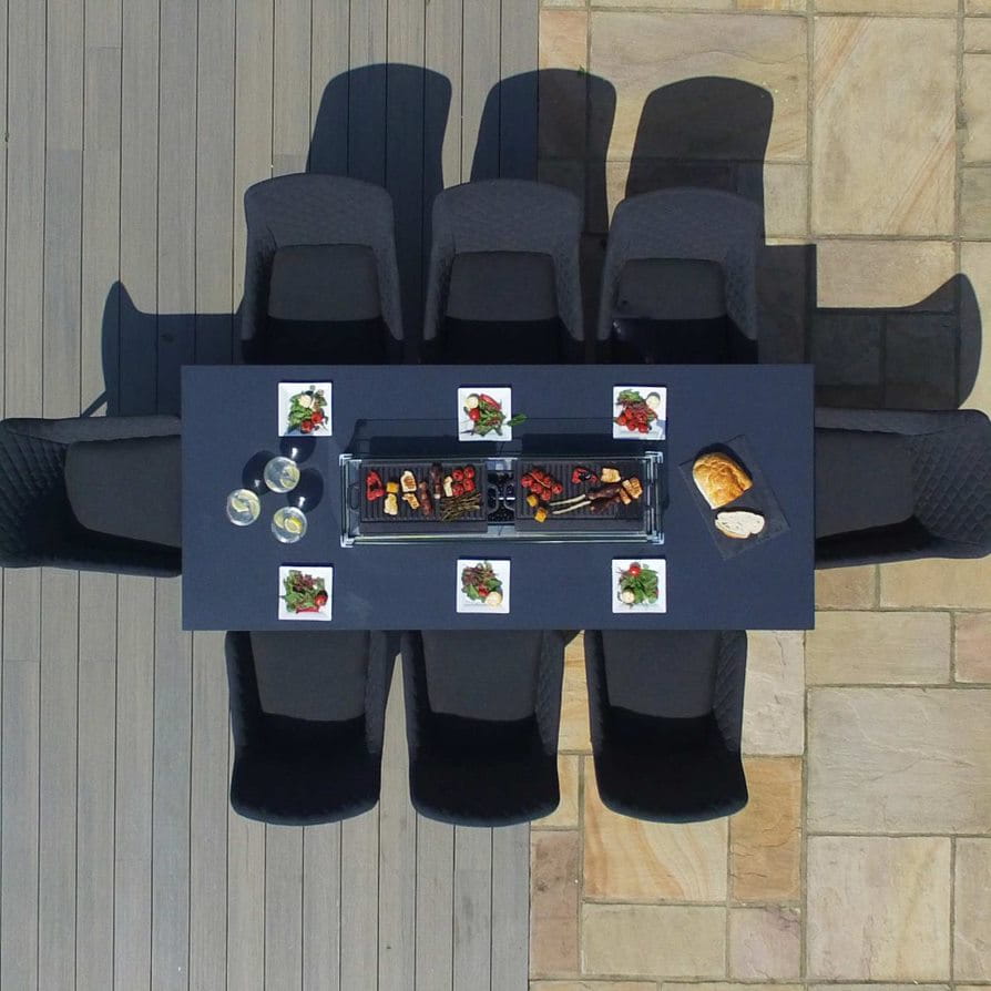 Overhead view of a charcoal 8 seat rectangular fire pit dining set #colour_charcoal