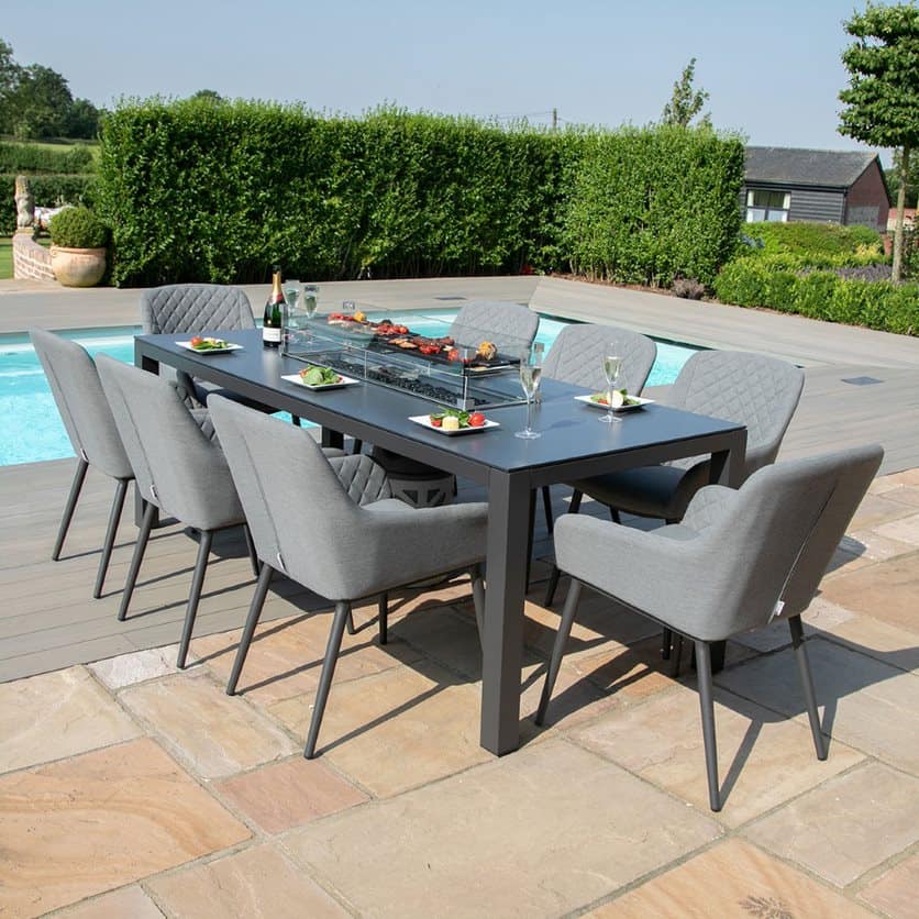 8 seat rectangular fire pit dining set with grey fabric dining chairs #colour_flanelle