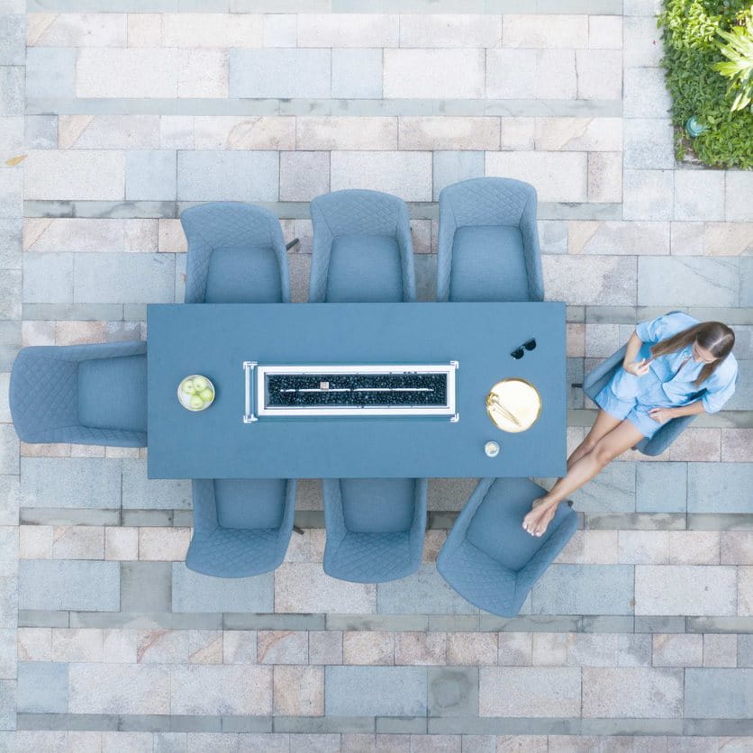 Overhead view of a dark grey 8 seat rectangular fire pit dining set #colour_flanelle