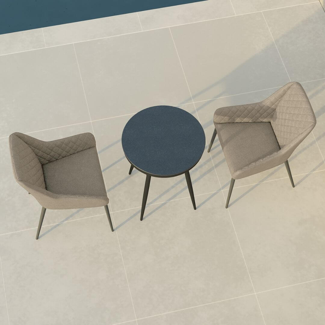 Overhead view of a 2 seat bistro set with round table and taupe fabric chairs #colour_taupe