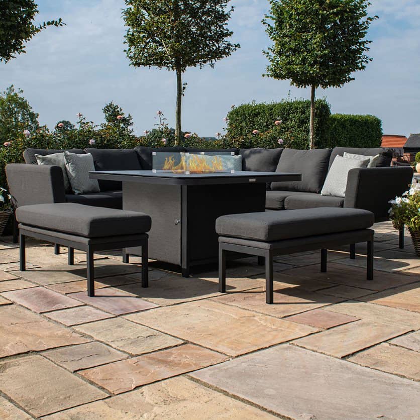Fabric square corner dining set with firepit table and two benches #colour_charcoal