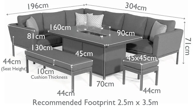 Diagram of a fabric corner sofa dining set with rectangular fire pit table, bench and one stool