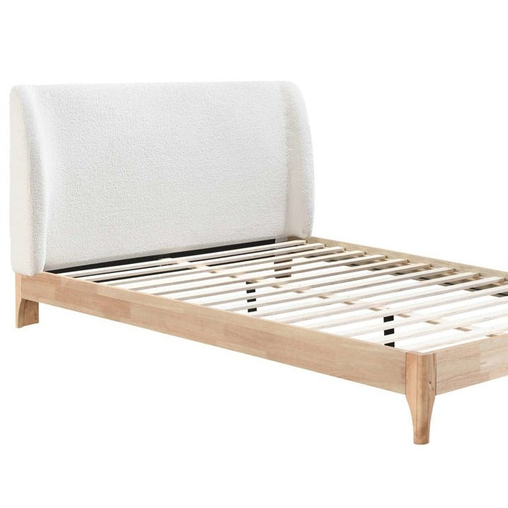 White Boucle and Wood Fabric Bed