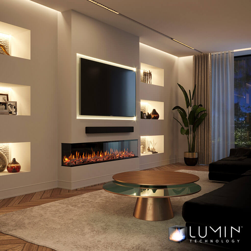 2000 electric panoramic fireplace. media wall