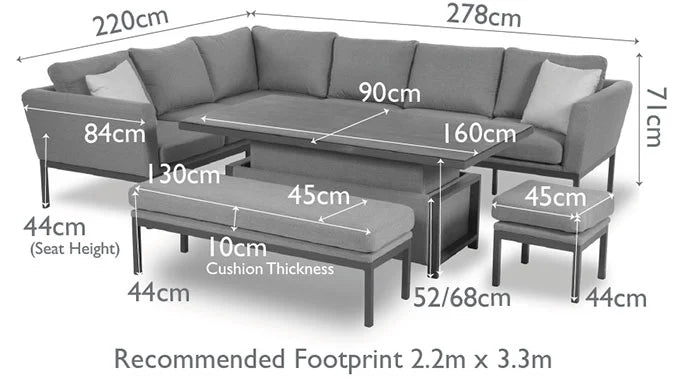 Diagram of fabric corner sofa dining set with rectangular rising table, one stool and bench