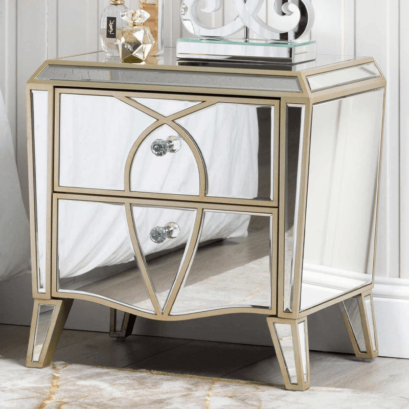 Champagne 2 drawer mirrored bedside table.