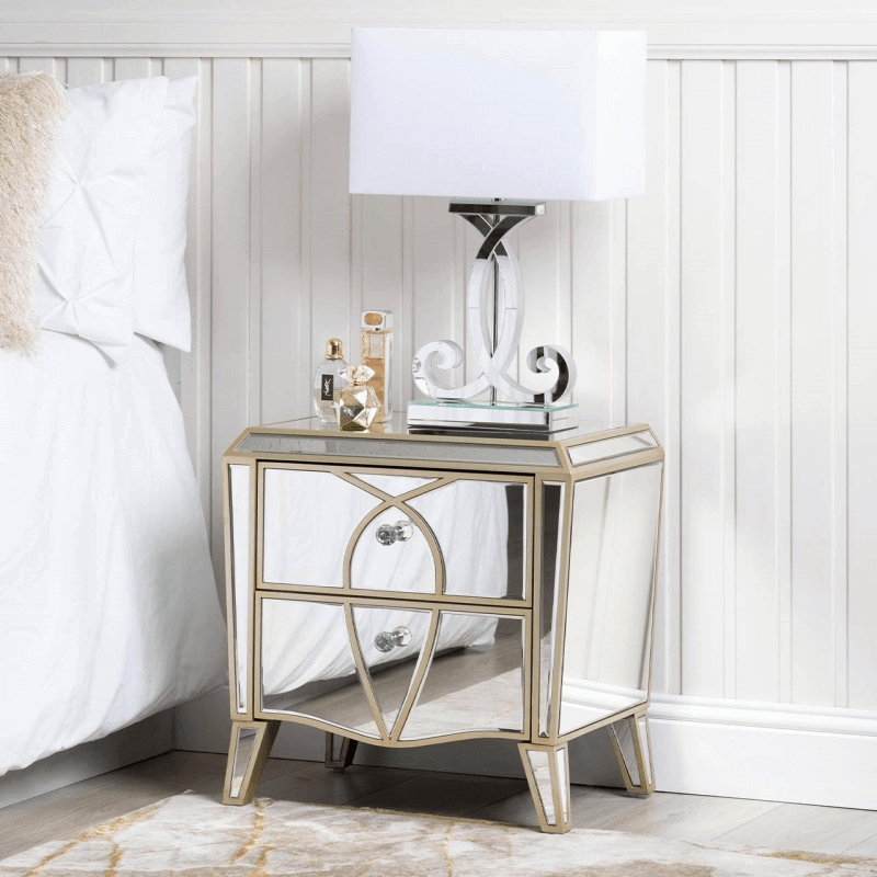 Champagne 2 drawer mirrored bedside table.